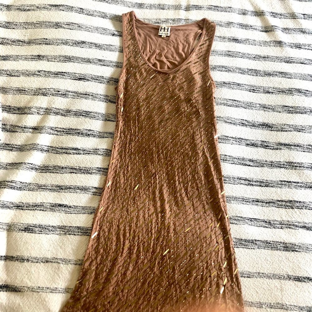 Haute Hippie Tan/Gold Beaded Tank Dress